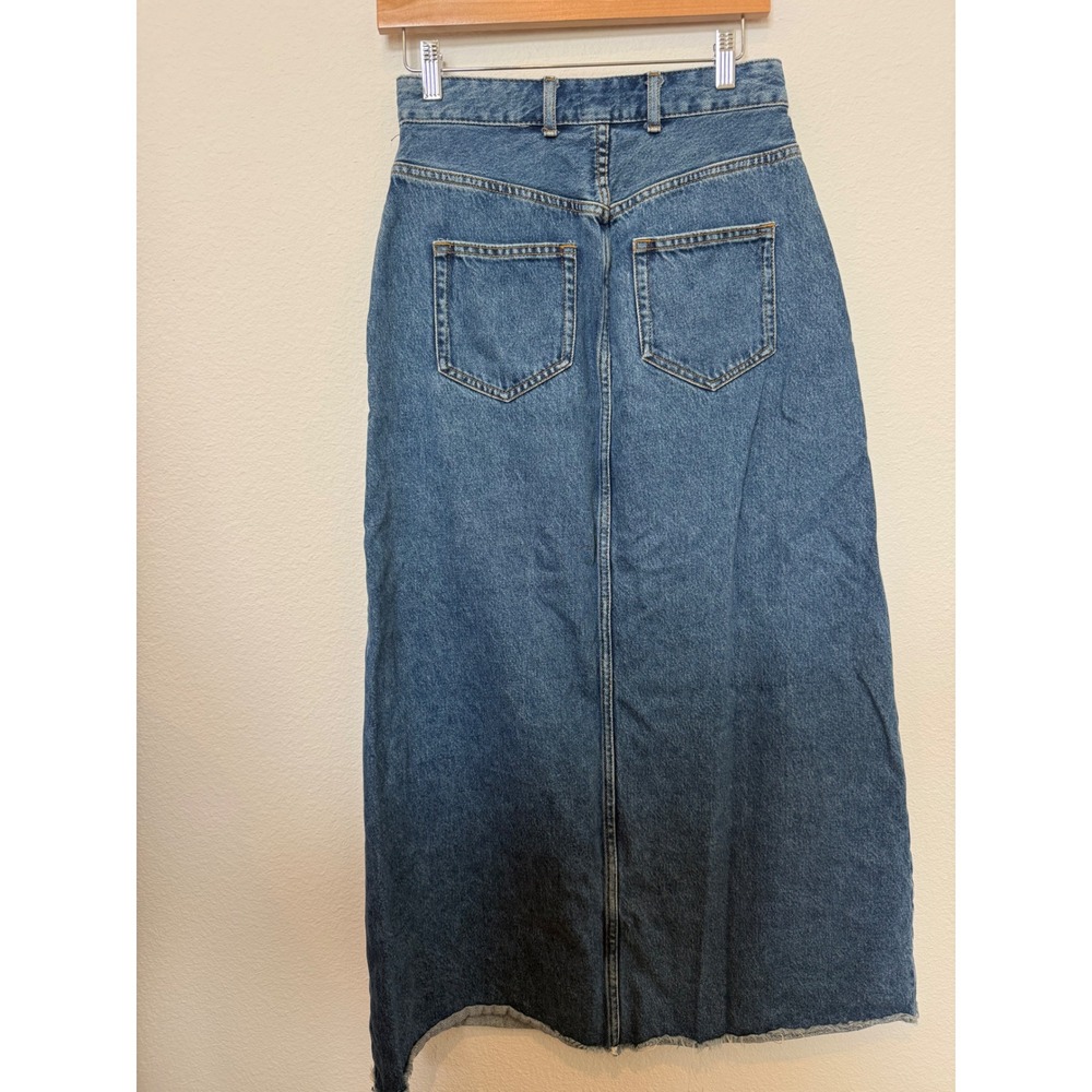 Pilcro Anthropologie Denim Maxi Skirt Blue Front Slit Raw Hem Size 6 - Picture 2 of 6